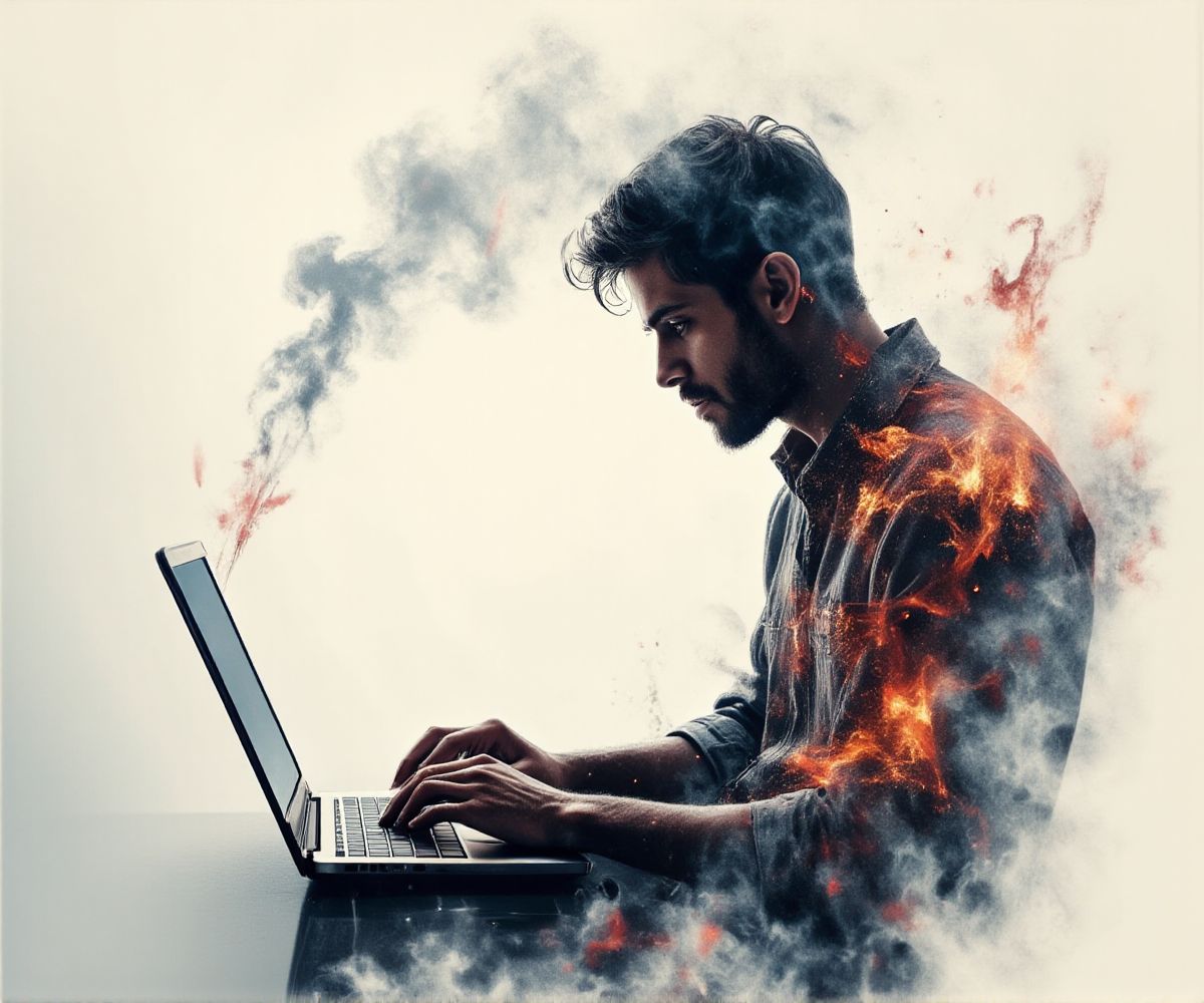 Neumorphism double Techno Elegance This rapid few pictures speak volumes when it comes to a masterclass in sleek neumorphism run amok in a hectic double exposure stock photo illustration that encapsulates a modern young man using his laptop in todays ultra-digitally advanced world. With the finesse, the Techno Elegance title aptly describes how contemporary designs dominate everything around us while the main subject reels in a polished, yet digital environment that keeps pace with the times. The young man, using his laptop, personifies a dynamic part of society that interacts with technology seamlessly, completing his modern environment. Its a short visual journey into the advanced world of today and the future.
